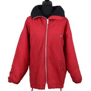 Vintage Y2K Outer Town Red Diamond Quilted Zip Coat Funnel Collar Hidden Hood M